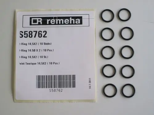Schwarze O-Ringe in genormter Form, abgepackt auf einem Etikett der Marke Remeha, mit Auflistung der Stückzahl und Produktdetails.